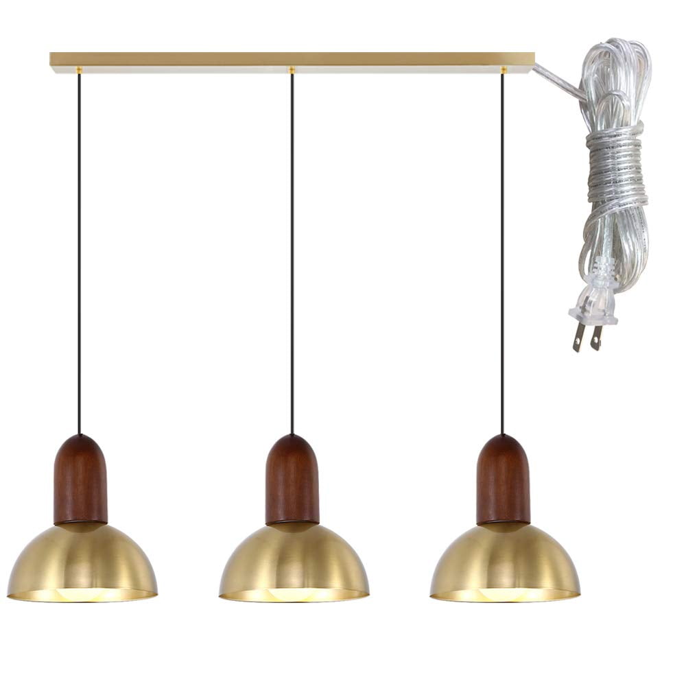 FSLiving 3 Lights Gold Swag Pendant Light with 15ft Plug in UL Cord Island Chandelier Pendant Lighting Fixtures Hanging Ceiling Light for Kitchen Island Gallery Staircas Bar Cloth Store - 1 Set