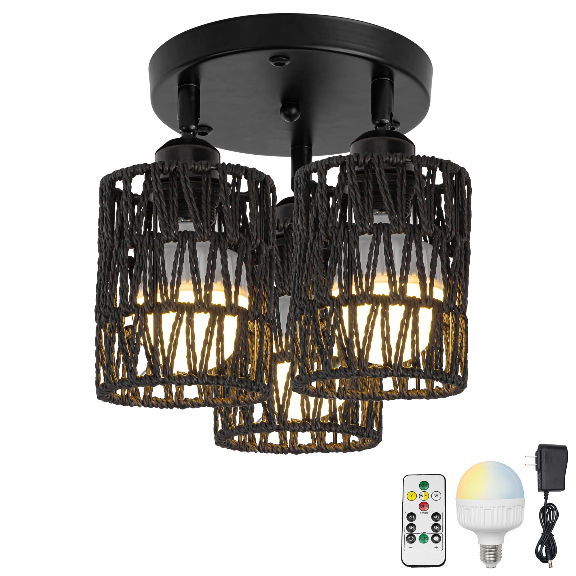 FSLiving 3 Lights RV Twine Braiding Rechargeable Battery Operated RGB Mode Gimbaled Ceiling Light Natural Adjustable Decorative Light Hallway Light Ceiling Mount, Dimmable for RV Camper Black