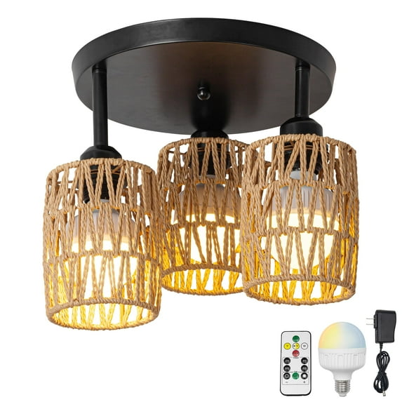 FSLiving 3 Lights RV Twine Braiding Rechargeable Battery Operated RGB Mode Pendant Ceiling Light Black Natural Adjustable Height Decorative Light Ceiling Mount, Dimmable for RV Camper Sloping