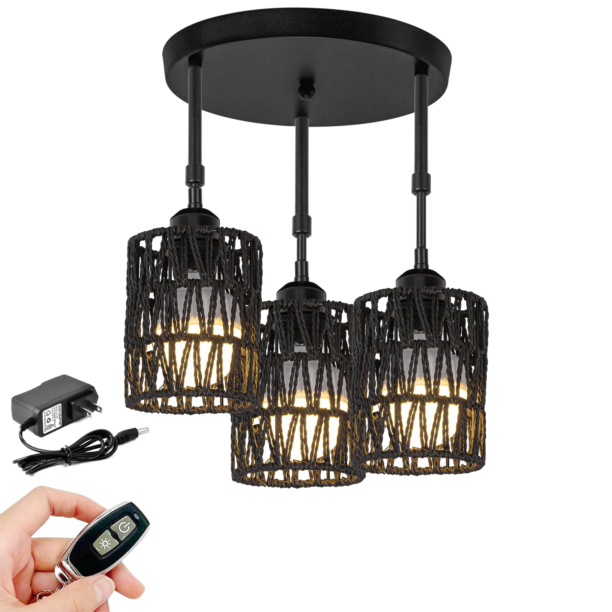 FSLiving 3 Lights RV Twine Braiding Rechargeable Battery Operated RGB Mode Pendant Ceiling Light Natural Adjustable Height Telescoping Rod Decorative Ceiling, Dimmable for RV Camper Sloping Black