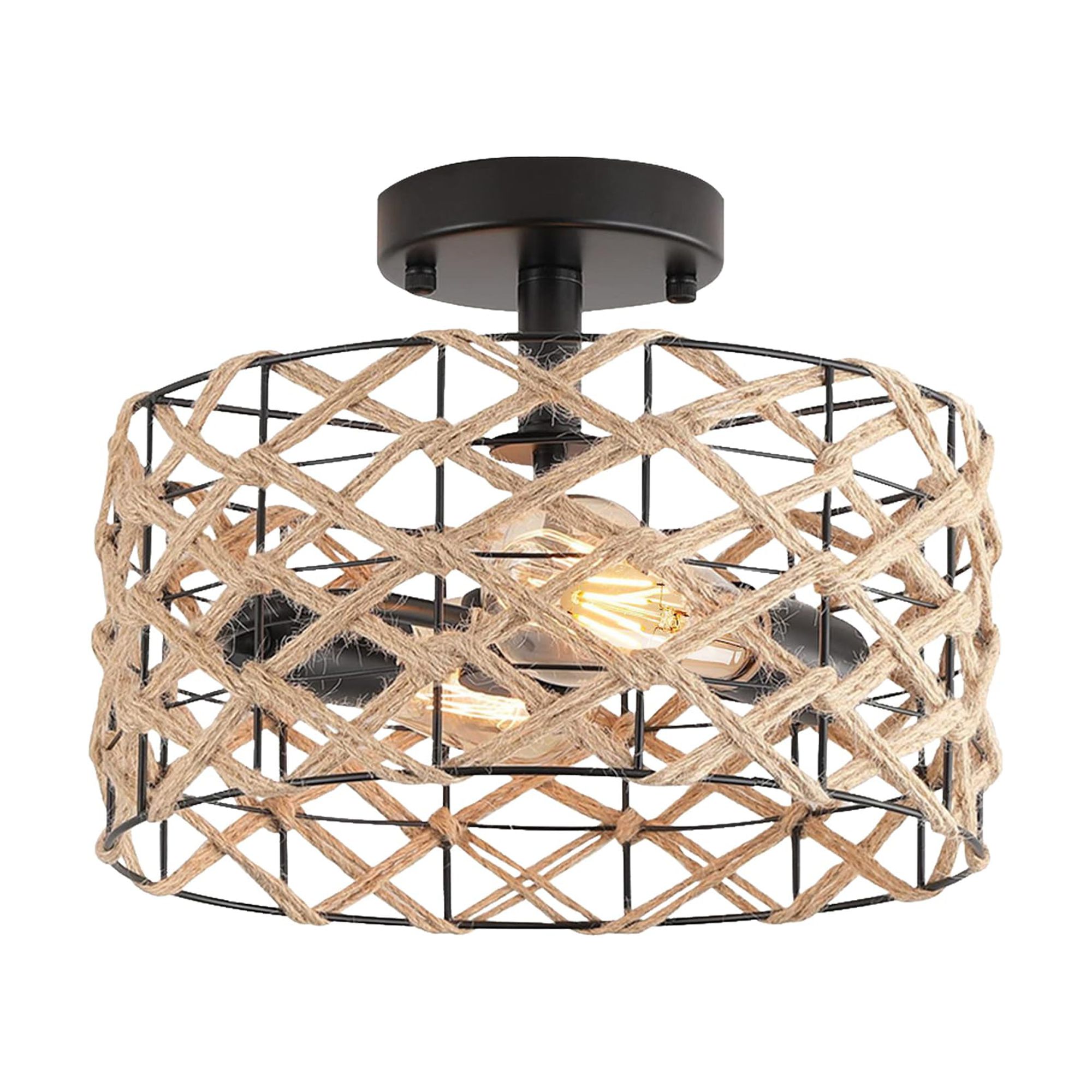 FSLiving 3 Lights RV Twine Braiding Wall Light with 12V RV Decorative Light RV Ceiling Light Dome Shape Ceiling Mount, E26 2700K Bulb Included Industrial Semi Flush Mount for RV Camper - Black