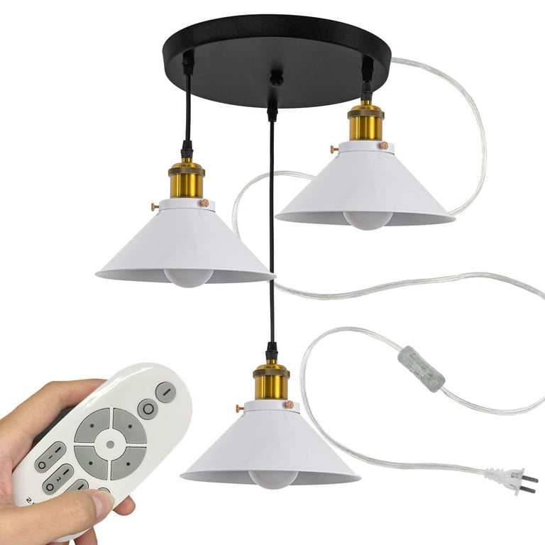 Fsliving 3 Lights Swag Pendant Light with 15ft Plug in UL On Off Switch Cord Dimmable Remote Control with Stepless Dimming Macaron White Pendant Light