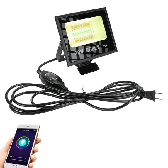 FSLiving 30W LED Outdoor Spotlight Smart RGB CCT LED Waterproof Landscape Lighting Work with Alexa, 16 Million Colors, Timer with 5.9ft Plug-in Cord and Clip for Shop Sign Billboards Courtyard