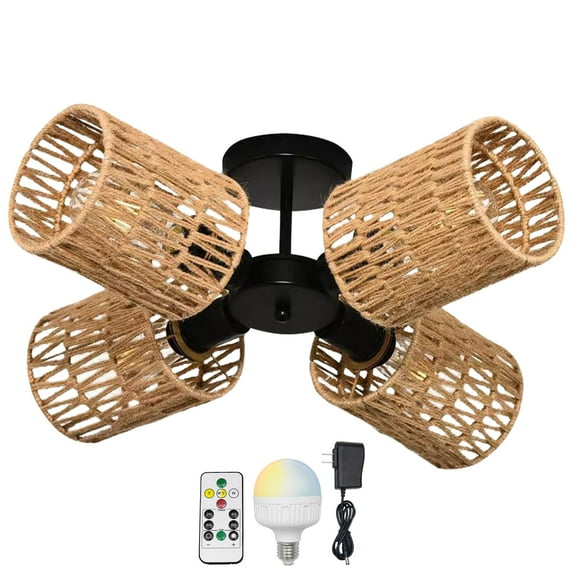 FSLiving 4 Lights RV Twine Braiding Black Natural Decorative Light Ceiling Light Hallway Light Ceiling Mount, Rechargeable Battery Operated RGB Mode Semi Flush Mount for RV Camper