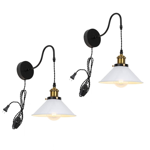 FSLiving 5.9 Feet Plug-in Dimmable Wall Sconce with Gooseneck Arm Vintage Design White Metal Sahde Lighting Fixtures for Bedroom Living Room Farmhouse Kitchen, Bulb Sold Separately - 2 Lights