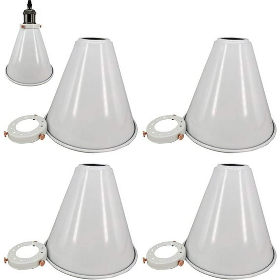 FSLiving 7.5″White Light Shade Industrial Vintage Metal Bulb Guard Iron Cone Hanging Ceiling Pendant Light Holder Decorative Lamp Shade,Decorative Ring Included - 4 Pack