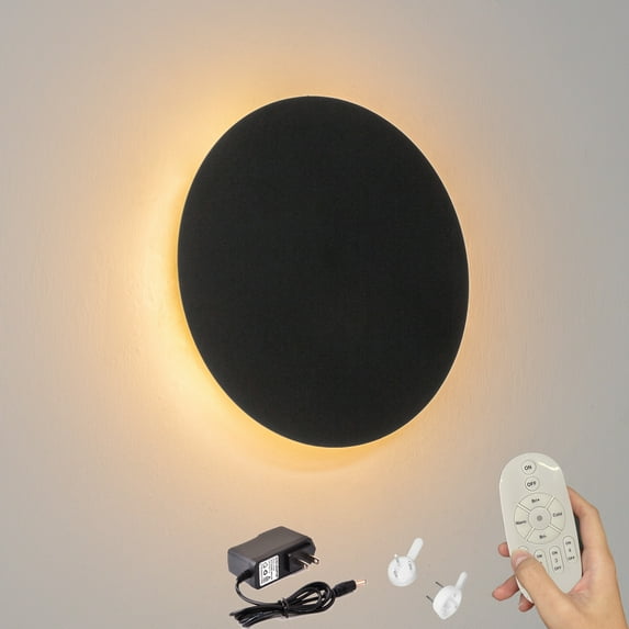 FSLiving 9.8" Circular LED Wall Lamp Rechargeable Battery Operated Remote Control Wall Sconces Restaurant Background Light Black Iron Shade Lighting Fixtures Dimmable and Color Changing - 1 Pack