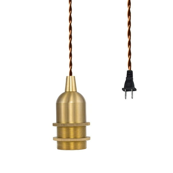 FSLiving 9.8ft Plug in Brown Twisted Cable Pendant Light Brass Base Light Fixtures Retro Vintage E26 Edison Socket Ceiling Light for Loft Corridor Dining Room Bedroom DIY (No Bulb) - 1 Light
