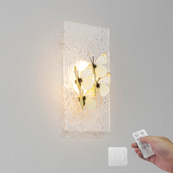 FSLiving Acrylic Wall Lighting Fixtures with Cream Beautiful Butterfies, Battery Operated Wall Sconces with Remote, Dimmable Nightstand Lamp for Visitor Room Bedroom Entrance - 1 Pack