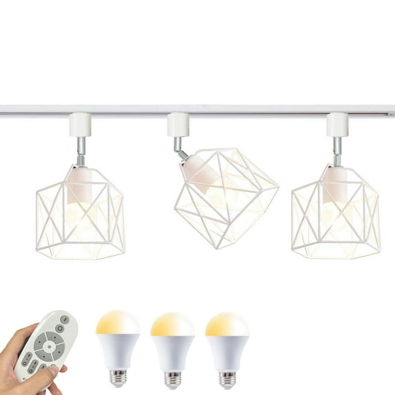 FSLiving Adjustable Angle H-Type Track Pendangt Light,E26 Base with White Hollow Metal Shade,Remote Control Dimmable Color Changing Timing Lamp for Home Kitchen Farmhouse,Customizable - 3 Lights
