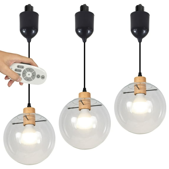 FSLiving Adjustable Hanging Height Juno Track Lighting Pendants, 4 Ft Cord, J-Type Dimmable Retro Restaurant Chandelier Barn Light Remote Control 7.9" Clear Globe Glass for Bar Kitchen Ceiling