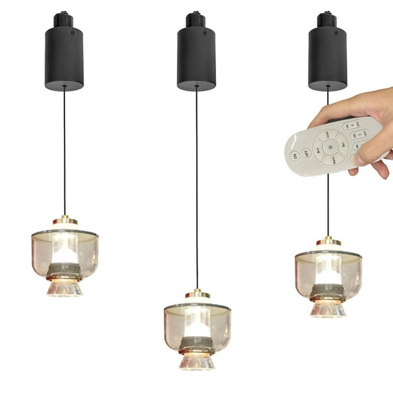 FSLiving Adjustable Height Amber Track Pendnat Light H-Type Retractable Lift Track Pendnat Light by Remote Control with Stepless Dimming Lamp for Bar Kitchen Island,Grey - Set of 3