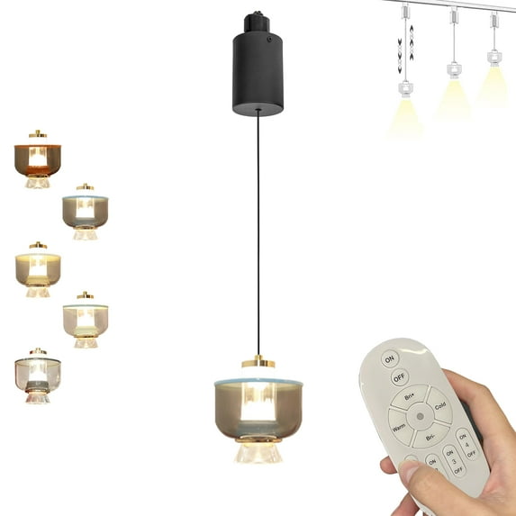 FSLiving Adjustable Height Amber Track Pendnat Light J-Type Retractable Lift Track Pendnat Light by Remote Control with Stepless Dimming Lamp for Bar Kitchen Island,Blue - 1 Light