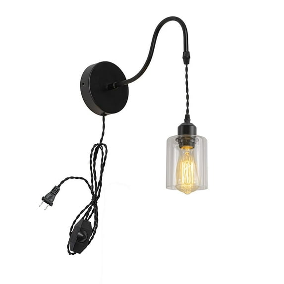 FSLiving Adjustable Height Gooseneck Wall Sconce with 9.8ft Plug-in Cord Retro Design Columnar Glass Shade Dimmable Lighting Fixtures for Garage Farmhouse Warehourse,Bulb Sold Separately - 1 Light