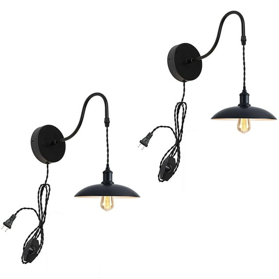 FSLiving Adjustable Height Gooseneck Wall Sconce with 9.8ft Plug-in Cord Vintage Design Black Mental Shade Dimmable Lighting Fixtures for Garage Farmhouse Warehourse,Bulb Sold Separately - 2 Lights