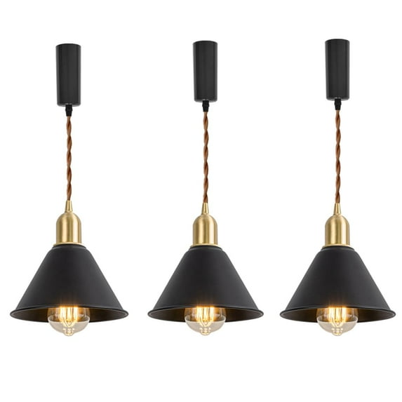 FSLiving Adjustable Height H Type Track Light with E26 Brass Base and Vintage Black Metal Shade,Decorate Lighting Fixtures for Farmhouse Kitchen Sink (Bulb & Ceiling Track Sold Separately) - 3 Lights