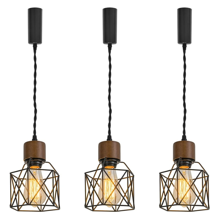 FSLiving Adjustable Height H Type Track Light with E26 Walnut Base and Black Hollow Cage Shade Decorate Lighting Fixtures for Farmhouse Kitchen Sink Bulb Ceiling Track Sold Separately 3 Lights