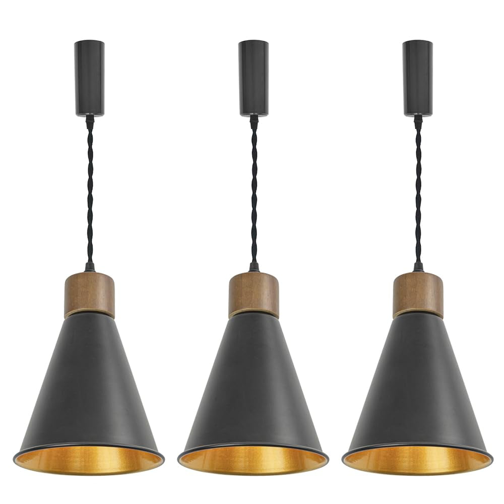 FSLiving Adjustable Height H Type Track Light with E26 Walnut Base and Vintage Black Outer Gold Inner Shade Lighting Fixtures for Farmhouse Kitchen Sink (Bulb&Ceiling Track Sold Separately) - 3 Lights