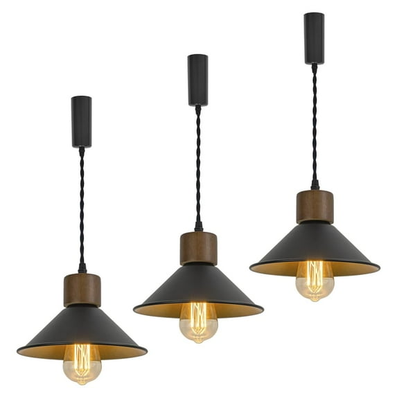 FSLiving Adjustable Height J Type Track Light with E26 Walnut Base and Vintage Black Outer Gold Inner Shade Lighting Fixtures for Farmhouse Kitchen Sink (Bulb&Ceiling Track Sold Separately) - 3 Lights