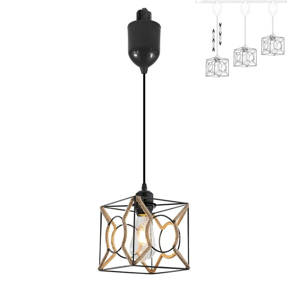 FSLiving Adjustable Height H Type Track Light Farmhouse BOHO Natural Hemp Rope Black Square Cage Industrial Style 4 ft Track Mount Pendants Decorate for Kitchen Island Sloped Ceiling Customizable