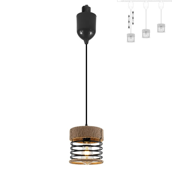 FSLiving Adjustable Height H Type Track Light Farmhouse BOHO Natural Rattan Black Cylindrical Industrial Style 4 ft Track Mount Pendants Decorate for Kitchen Island Sloped Ceiling Customizable