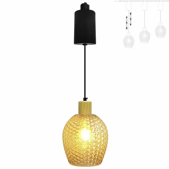 FSLiving Adjustable Height H Type Track Lighting Natural Wood E26 Socket Chandeliers Handmade Hammered Amber Glass 6.5 ft Dimmable Pendant Light Decorate for Plant Kitchen Island Customizable