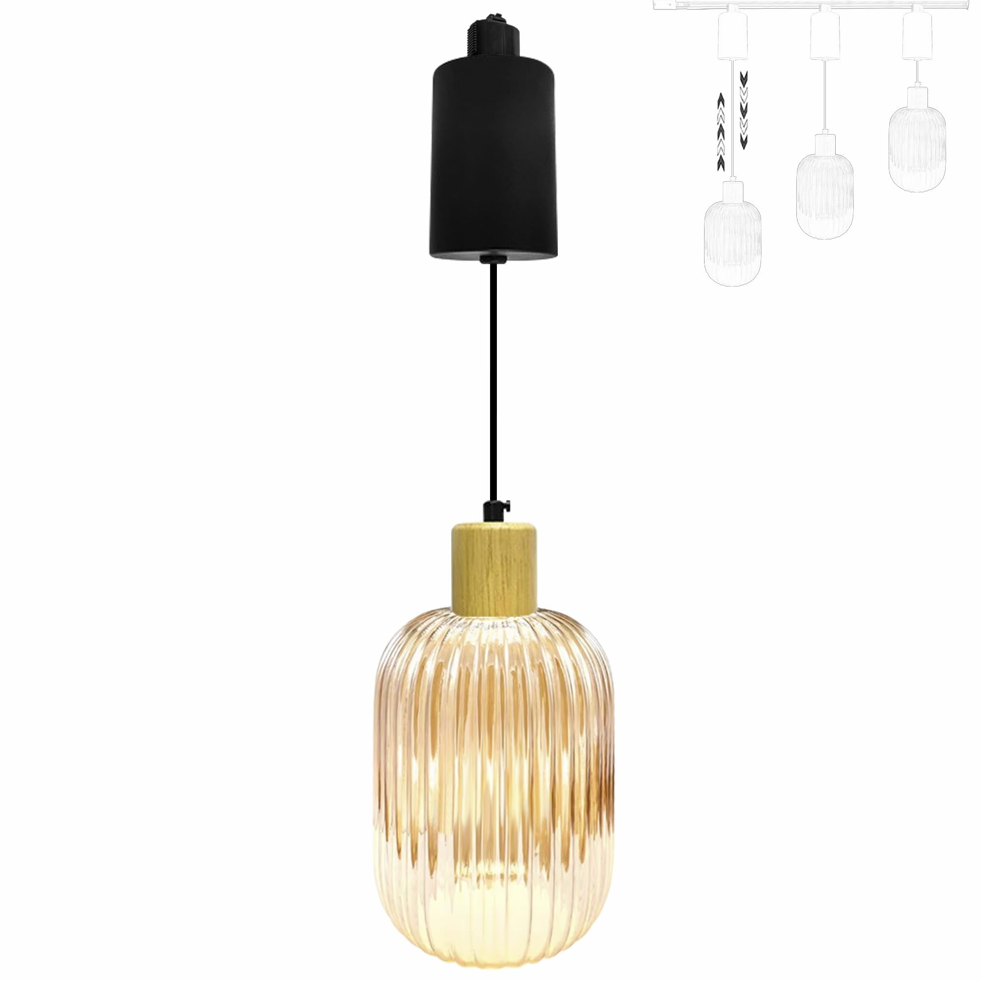 FSLiving Adjustable Height H Type Track Lighting Natural Wood E26 Socket Chandeliers Mid-Century Ribbed Glass Shade 6.5 ft Dimmable Pendant Light Decorate for Plant Kitchen Island Customizable