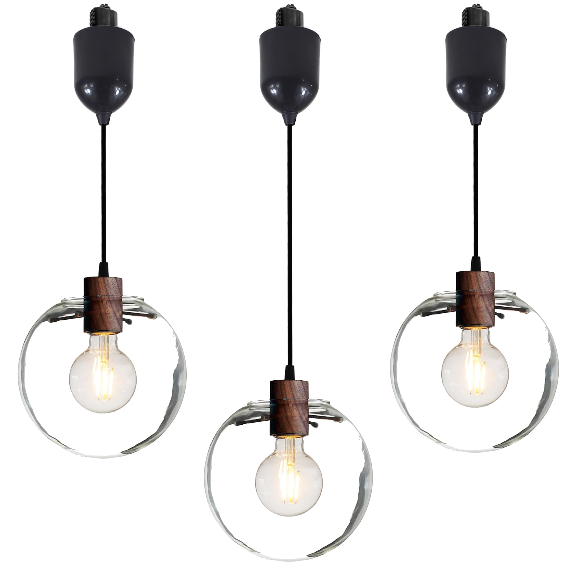 FSLiving Adjustable Height H-Type Track Lighting Pendants with Retro Clear Glass Globe Shape Hand-Made Shade Scandinavian Style 4ft Cord Walnutcolor E26 Socket Restaurant for Rental - Set of 3