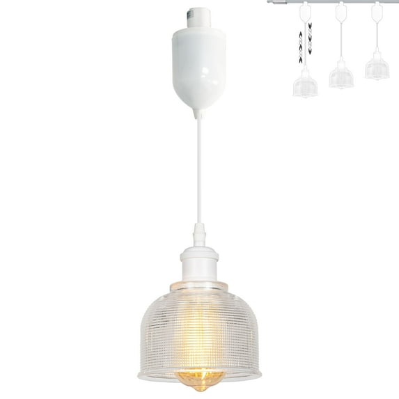 FSLiving Adjustable Height H Type Track Lighting White E26 Socket Striped Clear Dome Shape Glass Shade 4 Ft Dimmable Pendant Light Decorate for Plant Kitchen Island Customizable