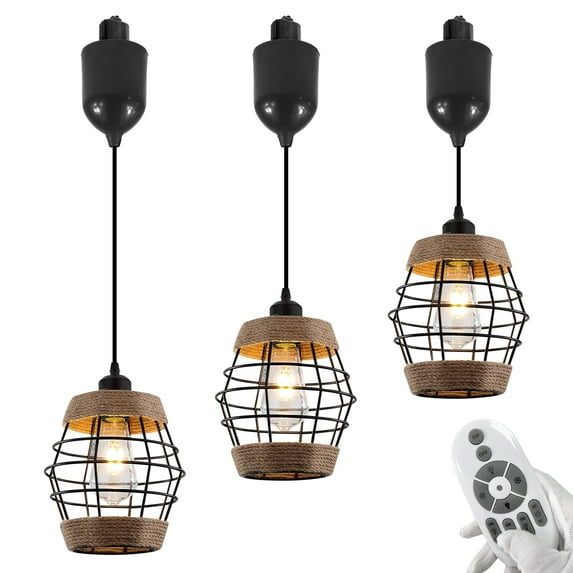 FSLiving Adjustable Height Halo Track Light, 4 ft Cord, Farmhouse BOHO Natural Hemp Rope Black Mini Cylinder Industrial Style H-Type Track Mount Pendant Lights, Smart LED Edison Bulbs for Kitchen