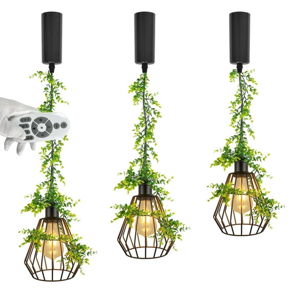 FSLiving Adjustable Height Halo Track Light Pendants, Plant DIY, MCM Designs Pendant Light Black Diamond Cage, E26 Smart LED Edison Bulbs for Kitchen Island Artflower (Eucalyptus) - Set of 3