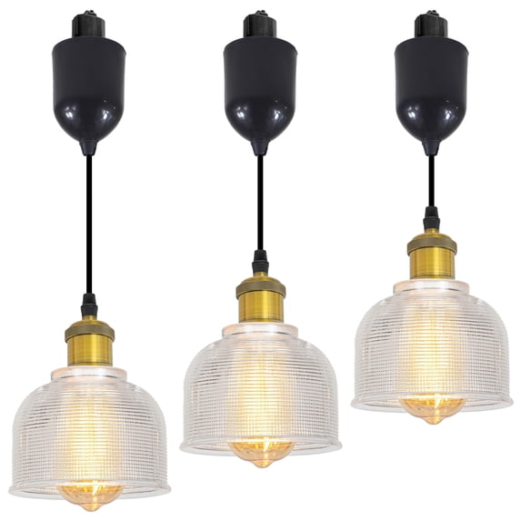 FSLiving Adjustable Height Halo Track Lighting Pendants, 4 Ft Cord, H-Type Dimmable Vintage Gold Bronze E26 Socket Striped Clear Dome Shape Glass Shade for Kitchen Island Vaulted Ceiling