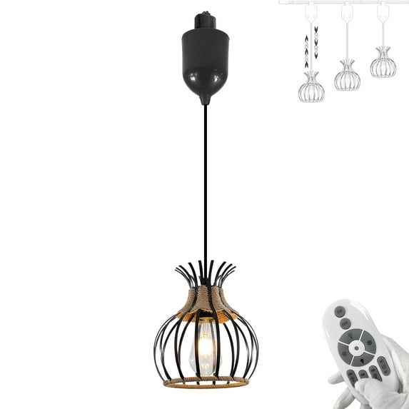 FSLiving Adjustable Height J Type Track Light BOHO Natural Hemp Rope Black Geometric Cage Farmhouse Industrial Style 4 ft Cord, Remote Control, 3CCT Track Mount Timer for Kitchen Island Table Top