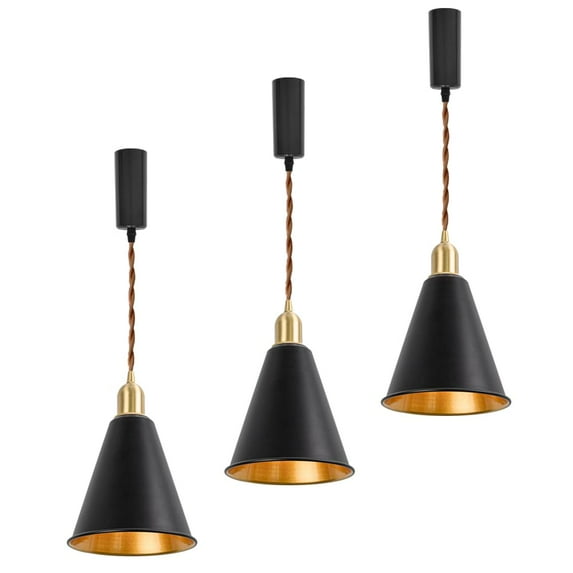 FSLiving Adjustable Height J Type Track Light with E26 Brass Base and Vintage Black Outer Gold Inner Shade Lighting Fixtures for Farmhouse Kitchen Sink (Bulb&Ceiling Track Sold Separately) - 3 Lights