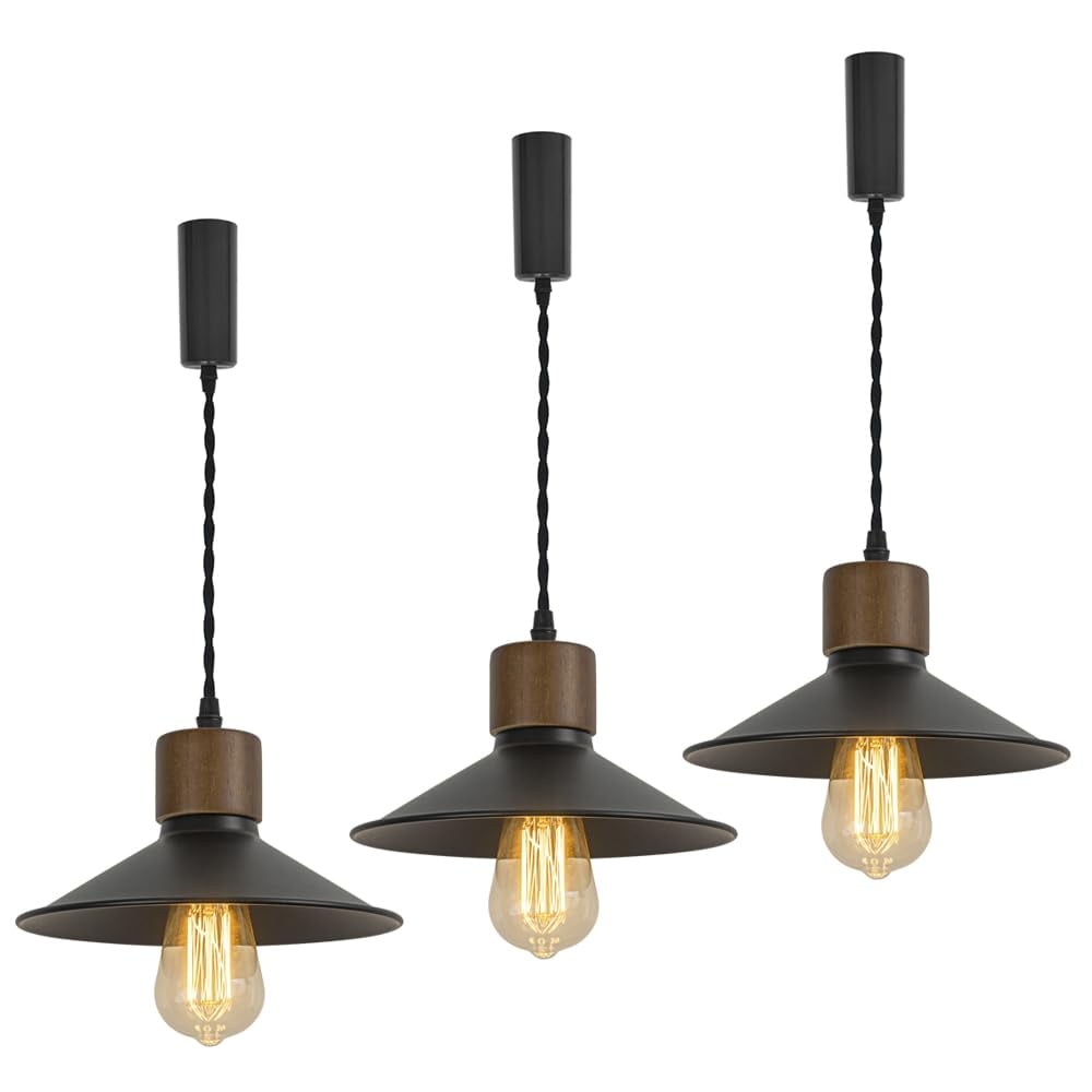 FSLiving Adjustable Height J Type Track Light with E26 Walnut Base and Vintage Black Metal Shade