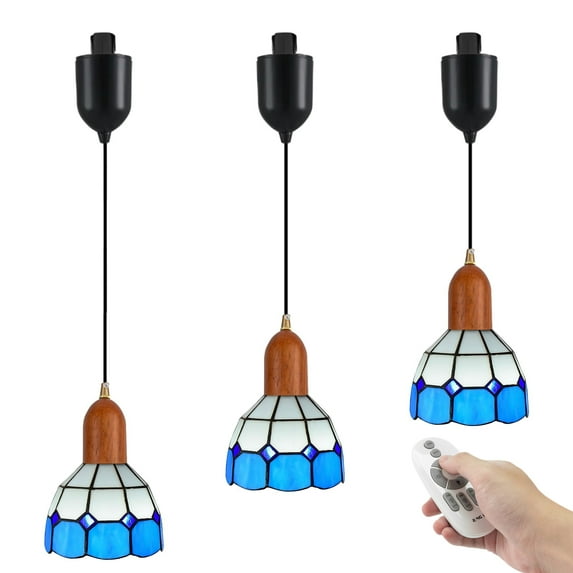 FSLiving Adjustable Height J-Type Track Lighting Freehand Blue Glass 4Ft Vintage Style,Smart Edison Bulbs,2200K-6500K Track Mount Pendant Light Timer for Dinning Table,5.9"(Walnut Wood) - 3 Lights