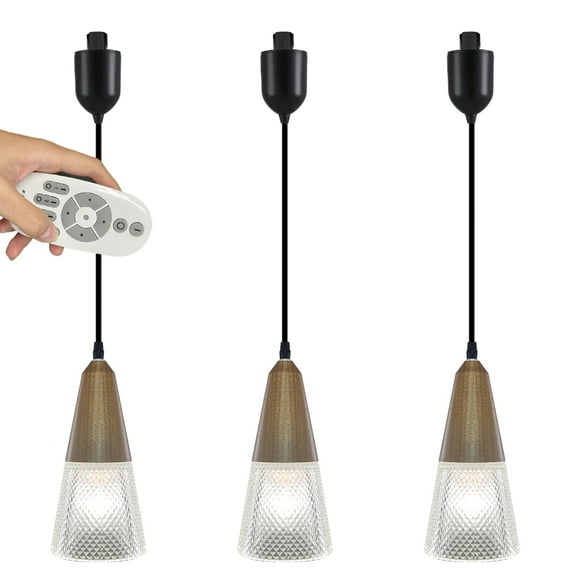 FSLiving Adjustable Height J Type Track Lighting Retro Glass House Cone Wooden E26 Socket 4Ft with Remote Control,2200K-6500K Pendant Lamp Decorate for Dinning Table - Set of 3