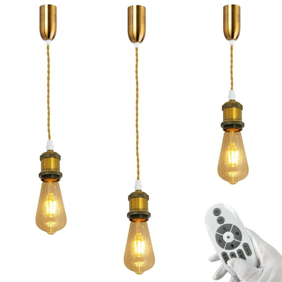 FSLiving Adjustable Height Juno Track Light Pendants, 4.9 ft Cord, J-Type Industrial Vintage Brass E26 Lamp Socket Barn Light Remote Control Smart LED Edison Bulbs for Bar 3 Lights Kitchen Ceiling