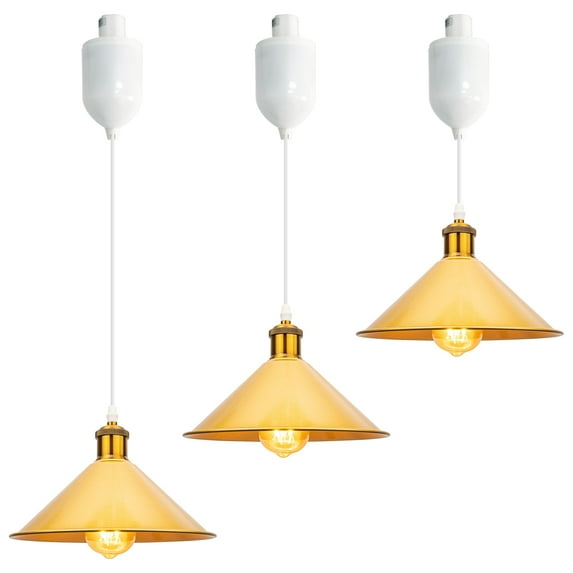 FSLiving Adjustable Height Juno Track Lighting Pendants with 4 Ft Cord Gold Industrial Cone Cover Instant on Adjustable Levitate Track Mount Pendant Light Decorate for Dinning Table Customizable