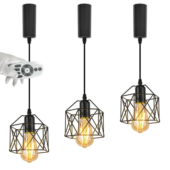 FSLiving Adjustable Height Juno Track Lighting Pendants, 5 Ft Cord, J-Type Track Pendant Lights with Iron Square Bulb Guard Cage, E26 Smart LED Edison Bulbs Track Mount for Bar Island 3 Lights