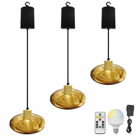 FSLiving Adjustable Height Rechargeable Battery Operated Pendant Light, Remote Control, 6.5 Ft Cord, Timer Dimmable Wood Socket Coffee Glass Saucer Lamp Shade for Courtyard Nightstand
