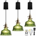 thumbnail image 1 of FSLiving Adjustable Height Rechargeable Battery Operated Pendant Light, Remote Control, 6.5 Ft Cord, Timer Dimmable Copper Socket Chandeliers Emerald Green Glass Bell Shade for Courtyard Nightstand, 1 of 7