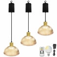 thumbnail image 1 of FSLiving Adjustable Height Rechargeable Battery Operated Pendant Light with Remote Control, 6.5 Ft Cord, Timer Dimmable Wood Socket Chandeliers Handmade Ribbed Amber Glass for Courtyard Nightstand, 1 of 7
