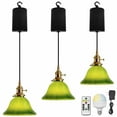 thumbnail image 1 of FSLiving Adjustable Height Rechargeable Battery Operated Pendant Light, Remote Control, 7.3 Ft Cord, Timer Dimmable Copper Socket Chandeliers Emerald Green Glass Bell Shade for Courtyard Nightstand, 1 of 7