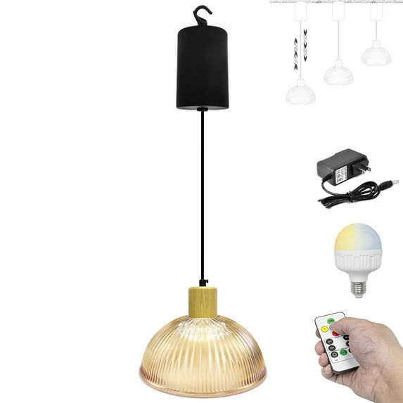 FSLiving Adjustable Height Rechargeable Battery Operated Pendant Light with Remote Control Wood Socket Chandeliers Handmade Ribbed Blown Glass Shade 6.5 Ft Dimmable RGB Lamp Decorate for Billboards