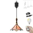 thumbnail image 1 of FSLiving Adjustable Height Rechargeable Battery Operated Pendant Light, Remote Control Wooden Handle Copper Socket Chandeliers Tiffany Glass Pink Cover 4Ft Dimmable RGB Decorate for Shopwindow, 1 of 8