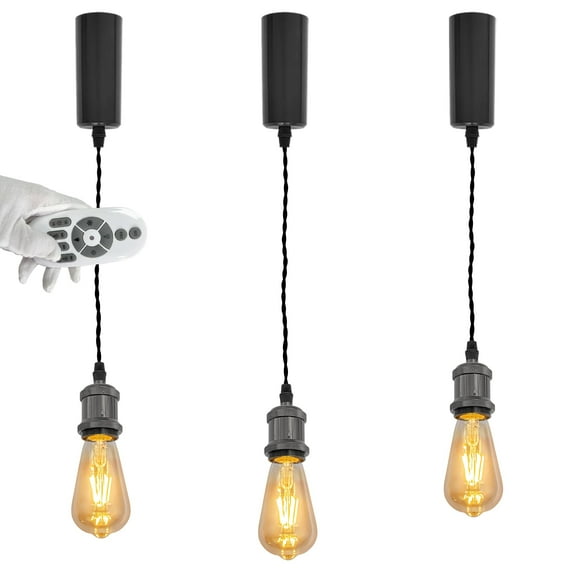 FSLiving Adjustable Height Remote Control J-Type Track Pendangt Light with E26 Black Pearl Socket Retro Decoration Industrial Factory Lamp Dimmable Color Changing for Kitchen,Customizable - 3 Lights