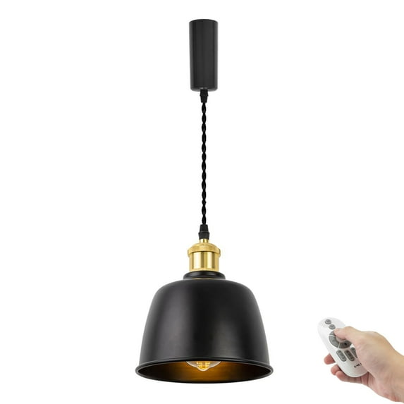 FSLiving Adjustable Height Remote Control J-Type Track Pendangt Light with E26 Light Gold Base&Black Metal Shade,Dimmable Color Changing Timing Vintage Lamp for Kitchen Sink,Customizable - 1 Light