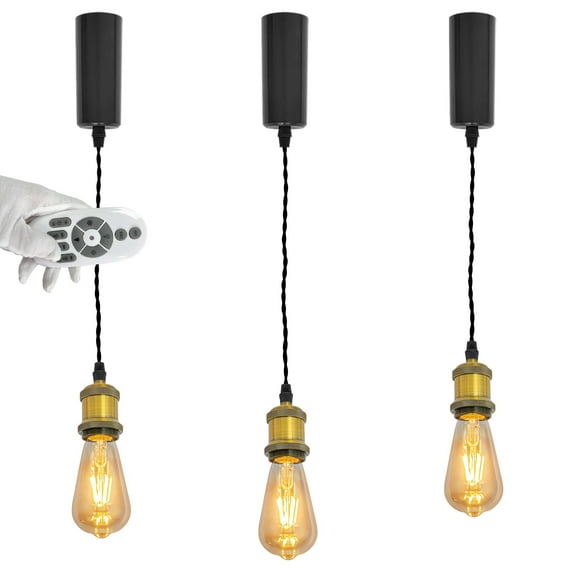 FSLiving Adjustable Height Remote Control J-Type Track Pendangt Light with E26 Golden Bronze Socket Retro Decoration Industrial Factory Lamp Dimmable Color Changing for Kitchen,Customizable - 3 Lights