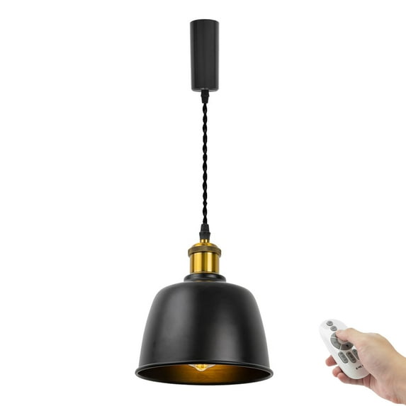 FSLiving Adjustable Height Remote Control J-Type Track Pendangt Light with E26 Retro Gold Base&Black Metal Shade,Dimmable Color Changing Timing Vintage Lamp for Kitchen Sink,Customizable - 1 Light